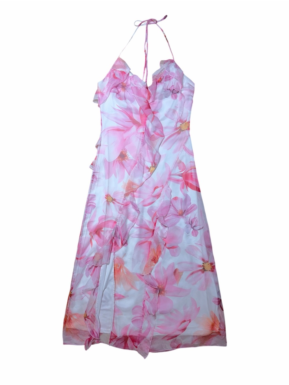 Commense Pink Floral Print Chiffon Maxi Dress Womens S